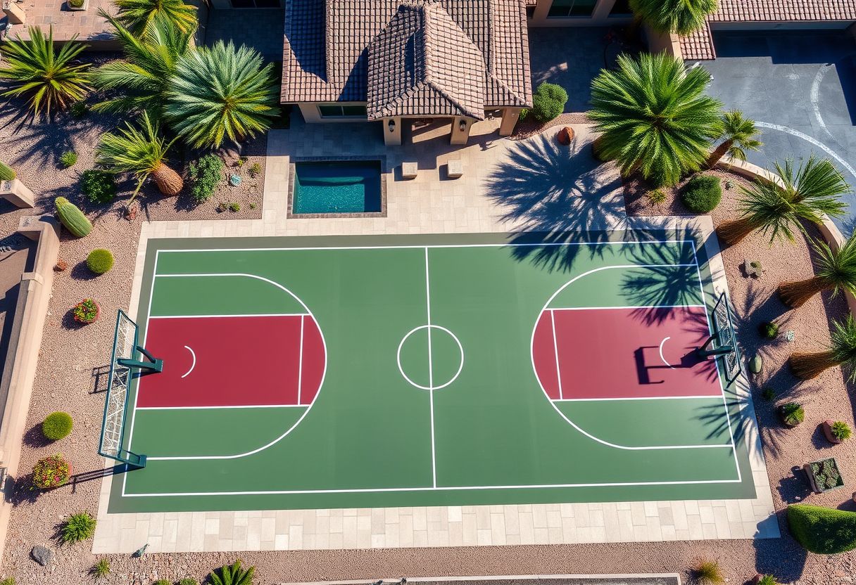 Aerial view of a premium backyard basketball and pickleball combo court at a luxury Arizona estate